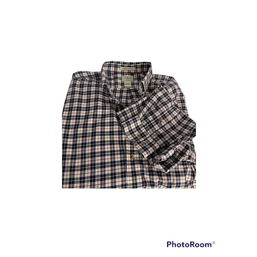 LL Bean Mens LG Wrinkle Resistant Button Collar Red White Blue Plaid Long Sleeve